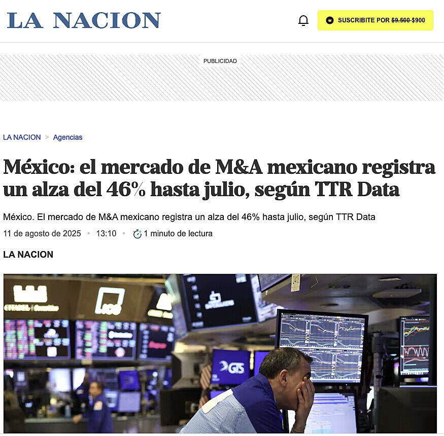 Mxico: el mercado de M&A mexicano registra un alza del 46% hasta julio, segn TTR Data